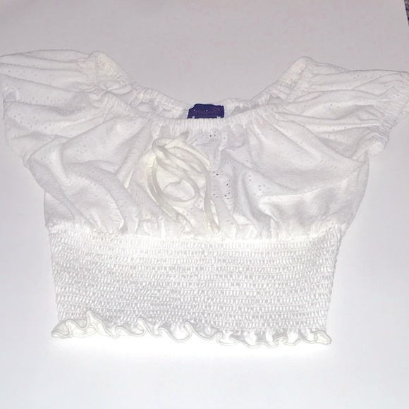 flirtatious Tops - White off the shoulder stretchy shirred ruffle slim fit crop top